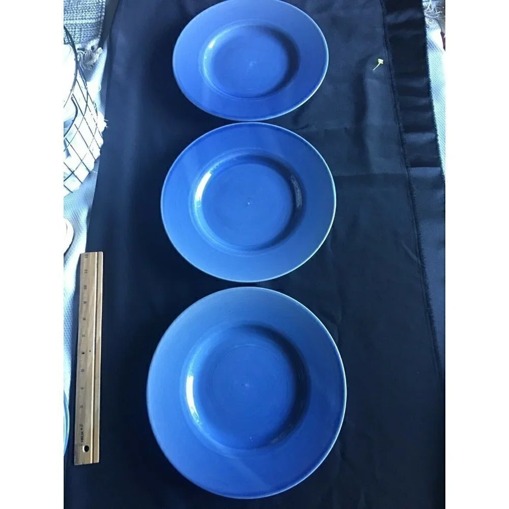 PIER 1 Dinner Plates Hand Painted Blue Swirl Spiral Vintage RARE SET OF 3
